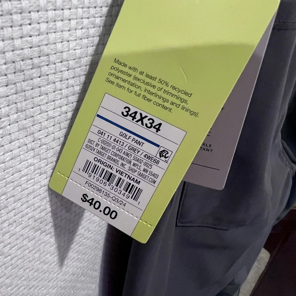 All in Motion Men Golf Pants Gray Flat Front Stretch‎ Performance 34x34 NWT